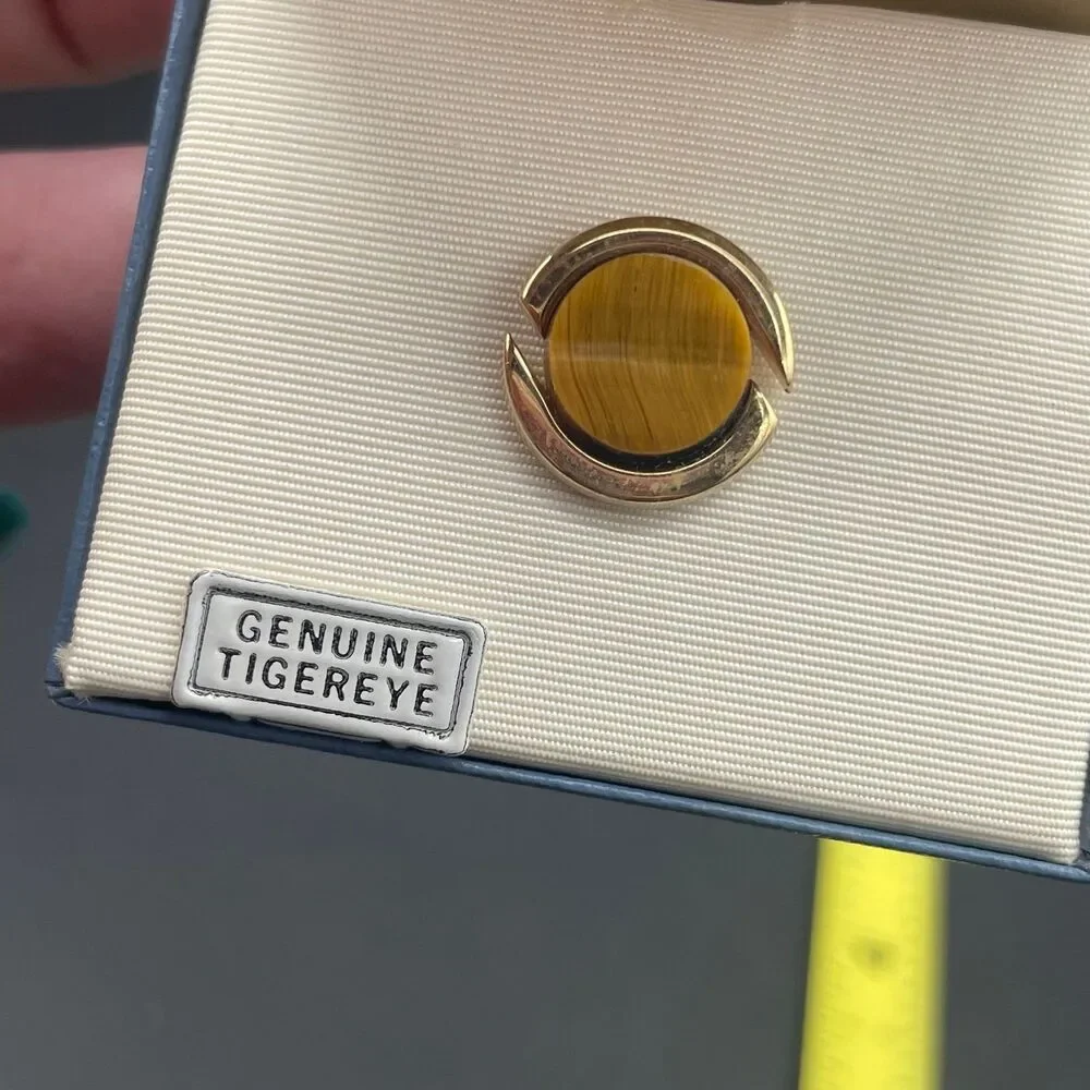 Vintage Swank Tie Tack Genuine Tigereye Gold Tone Round Men's Jewelry In Box